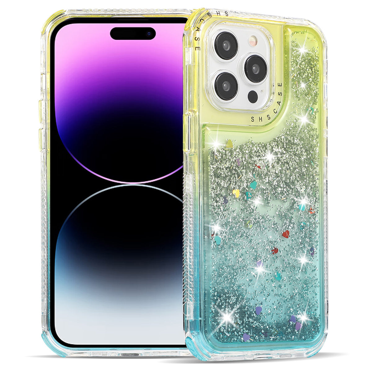 For iPhone 14 Pro Max Cell Phone Case Slim-Fit TPU+PC Glitter Gradient Quicksand Back Shell - Gold+Light Blue For iPhone 14 Pro Max Cell Phone Case Slim-Fit TPU+PC Glitter Gradient Quicksand Back Shell - Gold+Light Blue